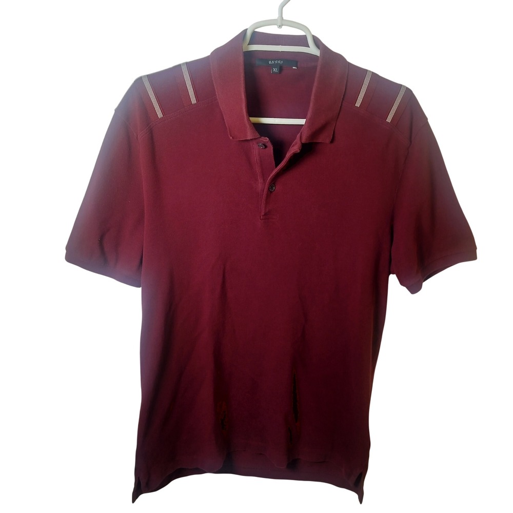 Gucci Mens Burgundy Pique Polo Shirt Shoulder Stripe Webbing Detail XL Italy